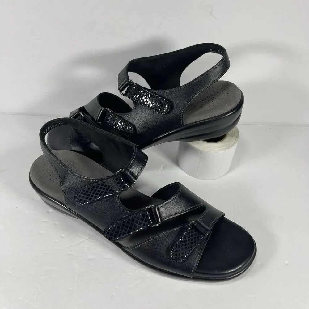 SAS Duo Women’s Black Leather Comfort Sandals Triple Strap Slides Size 8.5